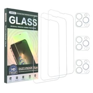 cone 3 packs iphone 14 pro screen protector [6.1"] + 3 packs camera lens protector, case friendly tempered glass film, [9h hardness] - hd