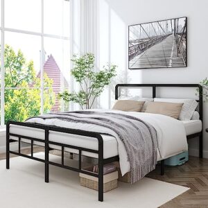 hobinche full size metal bed frame with headboard and footboard, 14 inch black heavy duty mattress foundation with steel slat support, no box spring needed,noise free