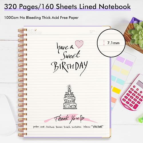 Huhuhero Spiral Notebook, 8.5" x 11" Notebook Journal College Ruled, 320 Pages Aesthetic A4 Hardcover Lined Journal for Women Men Office Work Writing, 24pcs Index Tabs, School Supplies, Light Purple