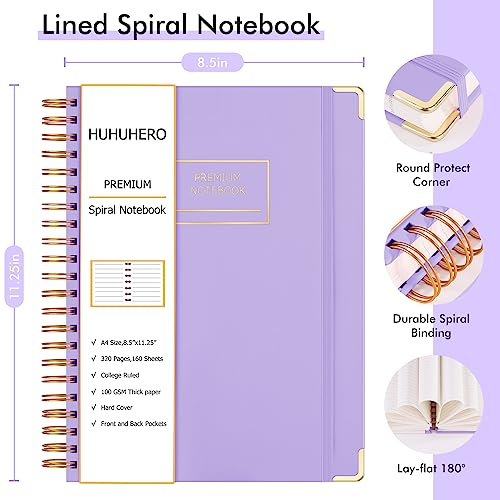 Huhuhero Spiral Notebook, 8.5" x 11" Notebook Journal College Ruled, 320 Pages Aesthetic A4 Hardcover Lined Journal for Women Men Office Work Writing, 24pcs Index Tabs, School Supplies, Light Purple