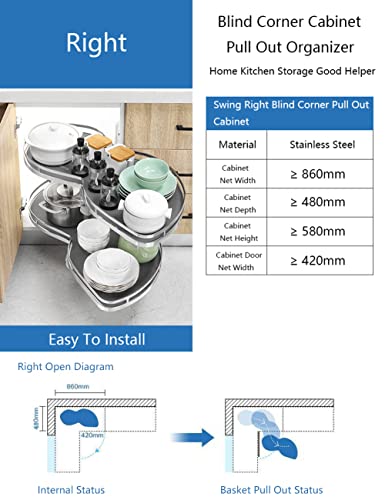 Swing Right Blind Corner Pull Out Cabinet, 2 Tier Soft Close Swing Tray Blind Kitchen Cabinet Organizer Adjustable Height for 860mm Cabinet, Right Handed Open