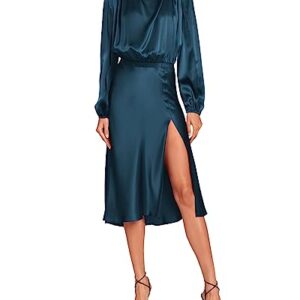 PRETTYGARDEN Women Fall Formal Mock Neck Long Sleeve Satin Dress Elastic Waist High Slit Midi Wedding Guest Dresses 2023(Solid Dark Blue,Medium)