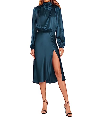 PRETTYGARDEN Women Fall Formal Mock Neck Long Sleeve Satin Dress Elastic Waist High Slit Midi Wedding Guest Dresses 2023(Solid Dark Blue,Medium)