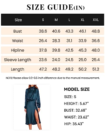 PRETTYGARDEN Women Fall Formal Mock Neck Long Sleeve Satin Dress Elastic Waist High Slit Midi Wedding Guest Dresses 2023(Solid Dark Blue,Medium)