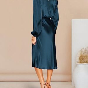 PRETTYGARDEN Women Fall Formal Mock Neck Long Sleeve Satin Dress Elastic Waist High Slit Midi Wedding Guest Dresses 2023(Solid Dark Blue,Medium)