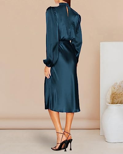 PRETTYGARDEN Women Fall Formal Mock Neck Long Sleeve Satin Dress Elastic Waist High Slit Midi Wedding Guest Dresses 2023(Solid Dark Blue,Medium)