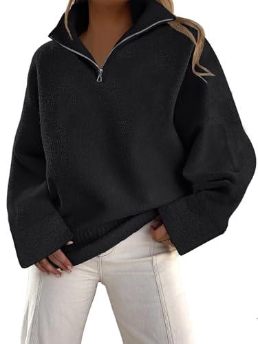 LILLUSORY Women's Black Oversized Quarter Half Zip Up Pullover Sweaters 2023 Fall Cashmere Fuzzy Knit Chunky Warm Light Lightweight Trendy Clothes Outfits