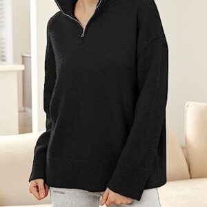 LILLUSORY Women's Black Oversized Quarter Half Zip Up Pullover Sweaters 2023 Fall Cashmere Fuzzy Knit Chunky Warm Light Lightweight Trendy Clothes Outfits