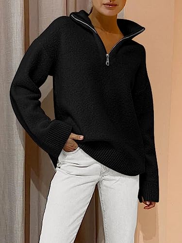 LILLUSORY Women's Black Oversized Quarter Half Zip Up Pullover Sweaters 2023 Fall Cashmere Fuzzy Knit Chunky Warm Light Lightweight Trendy Clothes Outfits