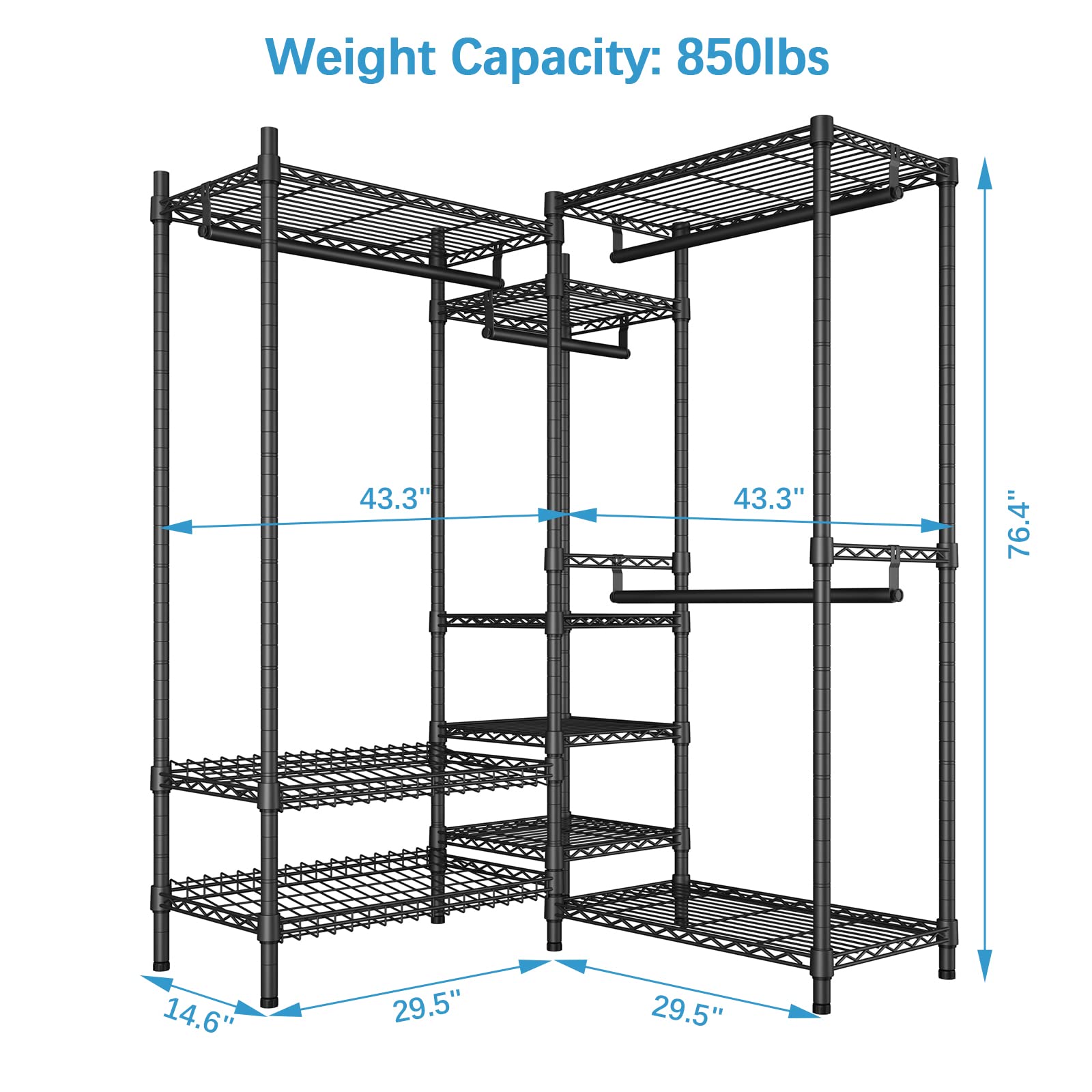 VIPEK L8i Basic Heavy Duty Garment Rack L-Shaped Wardrobe Space-Saving Corner Closet with Hanging Rod and Adjustable Shelves Freestanding Clothes Rack for Small Space, Black