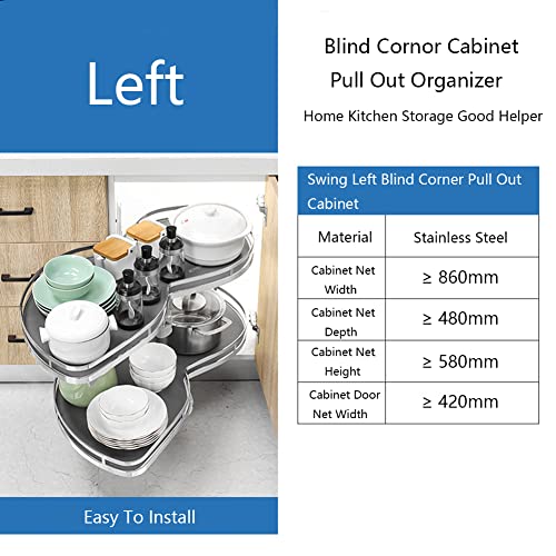 Blind Corner Cabinet Pull Out for More Than 860mm Cabinet Swing Left Pull Out Kitchen Cabinet Shelf Organizer with Soft Close And 2 Tiers Swing Tray, Left Open