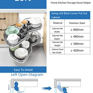 Left Swing Blind Corner Cabinet Pull Out Soft Close Kitchen Cabinet Shelf Organizer with 2 Tier Swing Tray for 860mm Cabinet, Left Handed Open