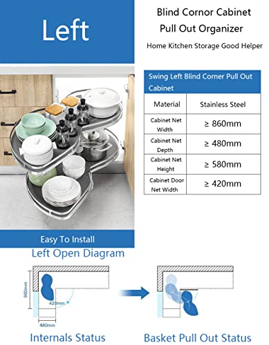 Left Swing Blind Corner Cabinet Pull Out Soft Close Kitchen Cabinet Shelf Organizer with 2 Tier Swing Tray for 860mm Cabinet, Left Handed Open