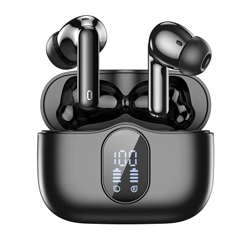 HISOOS Wireless Earbuds Bluetooth Active Noise Cancelling Headphones HiFi Stereo Ear Buds LED Power Display in-Ear Headphones with Charging Case Earphones for iPhone Android,Music Game (Black)