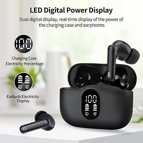 HISOOS Wireless Earbuds Bluetooth Active Noise Cancelling Headphones HiFi Stereo Ear Buds LED Power Display in-Ear Headphones with Charging Case Earphones for iPhone Android,Music Game (Black)