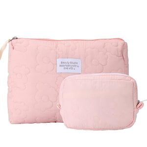lydztion quilted soft floral makeup bag - 2 pieces cosmetic bag large capacity makeup bag travel cosmetic organizer for women makeup organizer storage purse organizer,pink