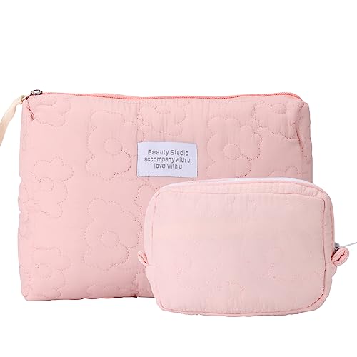 LYDZTION Quilted Soft Floral Makeup Bag - 2 Pieces Cosmetic Bag Large Capacity Makeup Bag Travel Cosmetic Organizer for Women Makeup Organizer Storage Purse Organizer,Pink