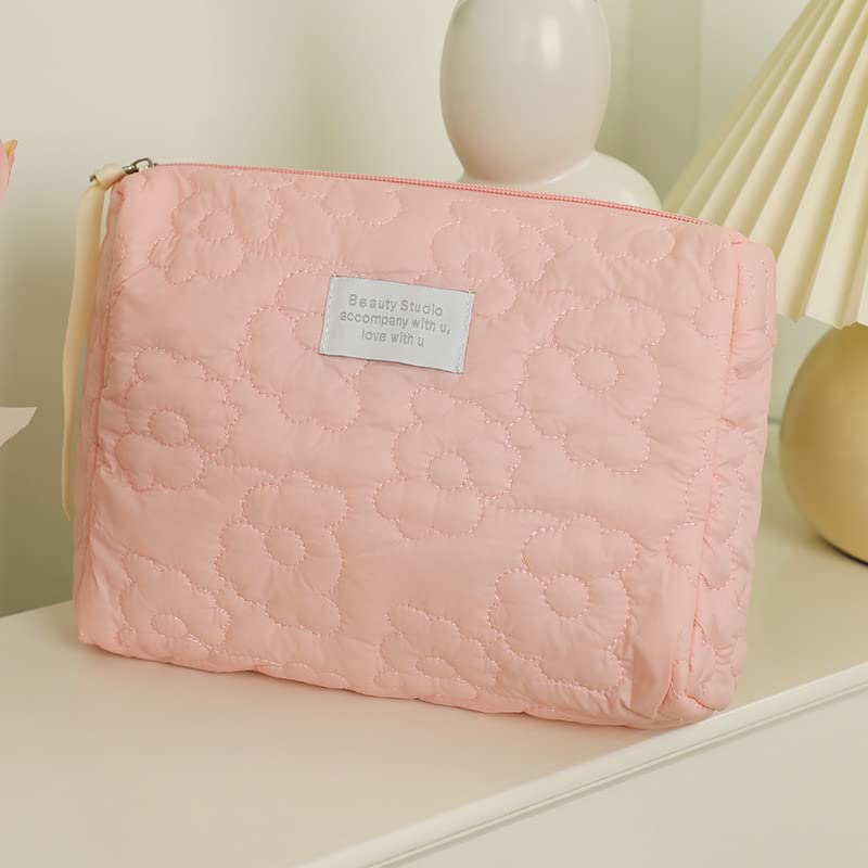 LYDZTION Quilted Soft Floral Makeup Bag - 2 Pieces Cosmetic Bag Large Capacity Makeup Bag Travel Cosmetic Organizer for Women Makeup Organizer Storage Purse Organizer,Pink