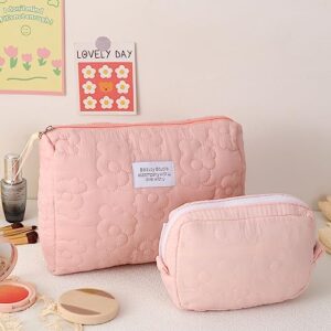 LYDZTION Quilted Soft Floral Makeup Bag - 2 Pieces Cosmetic Bag Large Capacity Makeup Bag Travel Cosmetic Organizer for Women Makeup Organizer Storage Purse Organizer,Pink