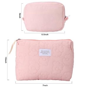 LYDZTION Quilted Soft Floral Makeup Bag - 2 Pieces Cosmetic Bag Large Capacity Makeup Bag Travel Cosmetic Organizer for Women Makeup Organizer Storage Purse Organizer,Pink