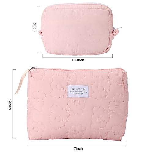 LYDZTION Quilted Soft Floral Makeup Bag - 2 Pieces Cosmetic Bag Large Capacity Makeup Bag Travel Cosmetic Organizer for Women Makeup Organizer Storage Purse Organizer,Pink