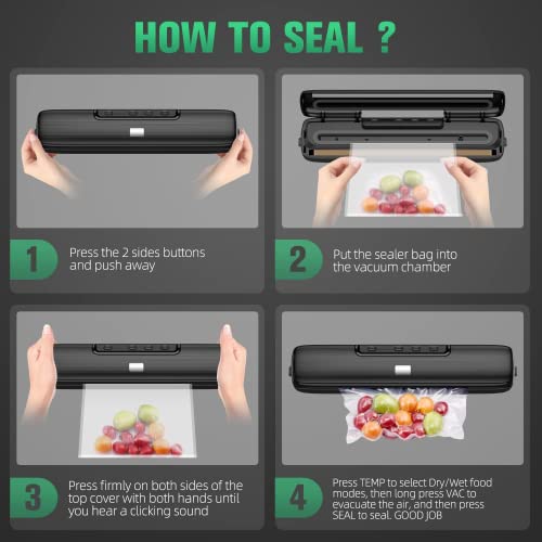 Vacuum Sealer Machine Food Vacuum Sealer Automatic Air Sealing System for Food Storage Dry and Wet Food Modes Compact Design 12.6 Inch with 15Pcs Seal Bags Starter Kit (Black)