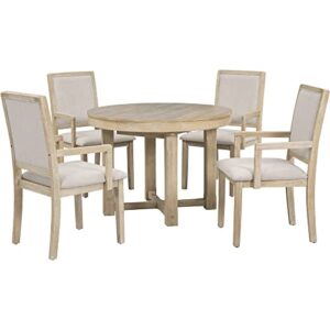 5-piece dining table set, two-size round to oval extendable butterfly leaf wood dining table and 4 upholstered dining chairs with armrests, dining room table set for 4 people (natural wood wash-1)