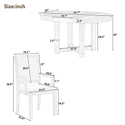 5-Piece Dining Table Set, Two-Size Round To Oval Extendable Butterfly Leaf Wood Dining Table and 4 Upholstered Dining Chairs with Armrests, Dining Room Table Set for 4 People (Natural Wood Wash-1)