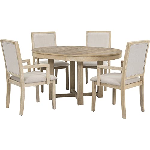 5-Piece Dining Table Set, Two-Size Round To Oval Extendable Butterfly Leaf Wood Dining Table and 4 Upholstered Dining Chairs with Armrests, Dining Room Table Set for 4 People (Natural Wood Wash-1)