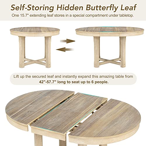 5-Piece Dining Table Set, Two-Size Round To Oval Extendable Butterfly Leaf Wood Dining Table and 4 Upholstered Dining Chairs with Armrests, Dining Room Table Set for 4 People (Natural Wood Wash-1)