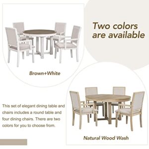 5-Piece Dining Table Set, Two-Size Round To Oval Extendable Butterfly Leaf Wood Dining Table and 4 Upholstered Dining Chairs with Armrests, Dining Room Table Set for 4 People (Natural Wood Wash-1)