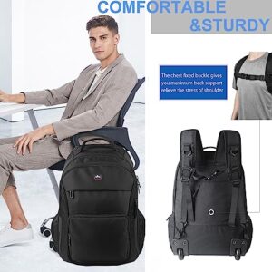 WIRABO Rolling Backpack Travel Wheeled Backpack 15.6 inch Laptop Backpack with Wheels Carry on Luggage Business Trolley Suitcase for Men Women Adults Computer Bag Black