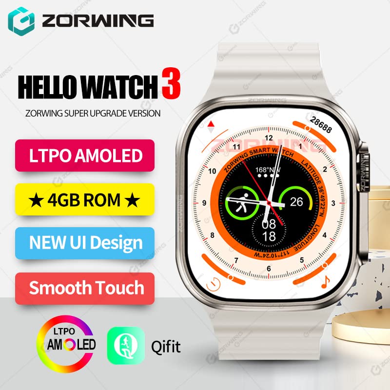 Hello Watch 3 AMOLED Men Smart Watch H11 Ultra Upgraded Full Screen Titanium Smartwatch with NFC Compass 4GB ROM for Android iOS (White Alpine C)