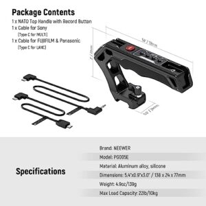 NEEWER NATO Top Handle with Record Button, Comfort Silicone Grip with QR NATO Clamp, 3/8" ARRI Locating Hole, Cold Shoes 1/4" Threads Compatible with Sony A7 ZV1 Panasonic S5 II FUJIFILM X-T5, PG005E