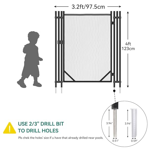 YITAHOME Pool Fence Gate, 4 x 3.2Ft Pool Safety Fence Gate Kit with Steel Aluminum Pipe Frame for Above Ground Pools, Black