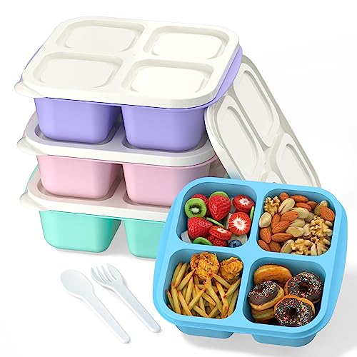 XGXN Meal Prep Containers (4 Pack), 4-Compartments Bento Lunch Box, Reusable BPA Free Food Prep Containers for Kids, Lunchable Kids Snack Container for School, Work, and Travel (G/P/B/P+White Lid)