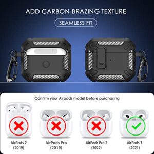 RFUNGUANGO AirPods 3rd Generation Case Cover with Cleaner Kit, Military Hard Shell Protective Armor with Lock for AirPod Gen 3 Charging Case 2021,Front LED Visible,Black