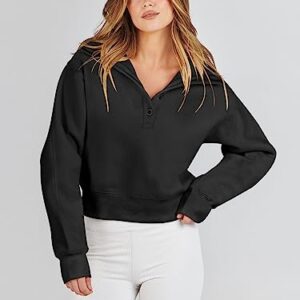 Prinbara Hoodie for Women Pullover Long Sleeve Sweatshirt Button down V Neck Teen Girls Fall Trendy Y2k Clothes Oversized Sweater 2023 1PA139-heise-M Black