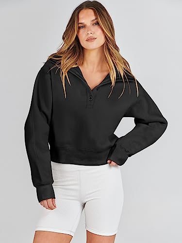 Prinbara Hoodie for Women Pullover Long Sleeve Sweatshirt Button down V Neck Teen Girls Fall Trendy Y2k Clothes Oversized Sweater 2023 1PA139-heise-M Black