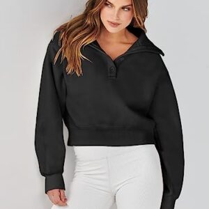 Prinbara Hoodie for Women Pullover Long Sleeve Sweatshirt Button down V Neck Teen Girls Fall Trendy Y2k Clothes Oversized Sweater 2023 1PA139-heise-M Black