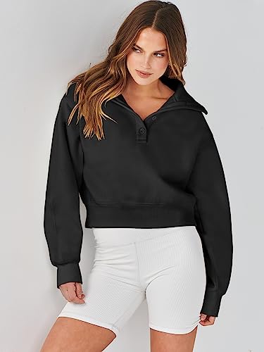 Prinbara Hoodie for Women Pullover Long Sleeve Sweatshirt Button down V Neck Teen Girls Fall Trendy Y2k Clothes Oversized Sweater 2023 1PA139-heise-M Black