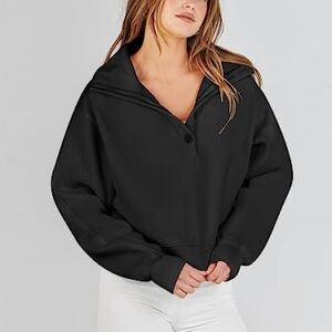 Prinbara Hoodie for Women Pullover Long Sleeve Sweatshirt Button down V Neck Teen Girls Fall Trendy Y2k Clothes Oversized Sweater 2023 1PA139-heise-M Black