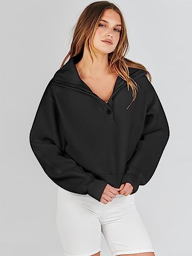 Prinbara Hoodie for Women Pullover Long Sleeve Sweatshirt Button down V Neck Teen Girls Fall Trendy Y2k Clothes Oversized Sweater 2023 1PA139-heise-M Black