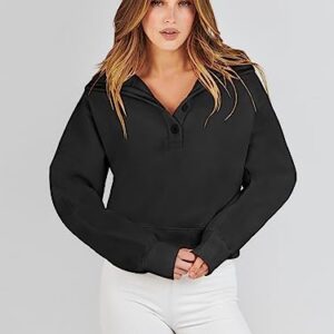 Prinbara Hoodie for Women Pullover Long Sleeve Sweatshirt Button down V Neck Teen Girls Fall Trendy Y2k Clothes Oversized Sweater 2023 1PA139-heise-M Black