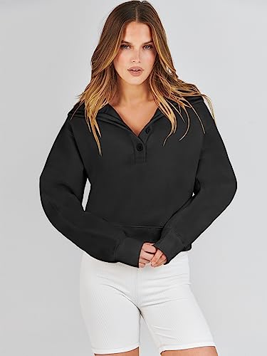 Prinbara Hoodie for Women Pullover Long Sleeve Sweatshirt Button down V Neck Teen Girls Fall Trendy Y2k Clothes Oversized Sweater 2023 1PA139-heise-M Black