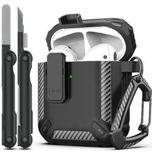 rfunguango airpods 2nd generation case cover with cleaner kit, military hard shell protective armor with lock for airpod gen 1&2 charging case, front led visible,black