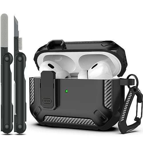 RFUNGUANGO AirPods Pro 2nd Generation Case Cover with Cleaner Kit, Military Hard Shell Protective Armor with Lock for AirPod Gen 2 Charging Case 2022, Front LED Visible,Black