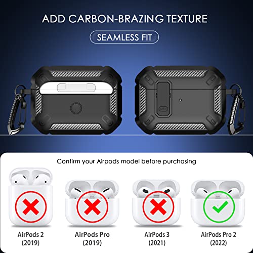 RFUNGUANGO AirPods Pro 2nd Generation Case Cover with Cleaner Kit, Military Hard Shell Protective Armor with Lock for AirPod Gen 2 Charging Case 2022, Front LED Visible,Black