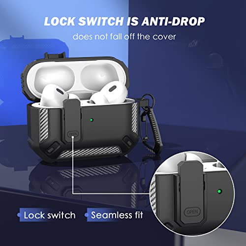 RFUNGUANGO AirPods Pro 2nd Generation Case Cover with Cleaner Kit, Military Hard Shell Protective Armor with Lock for AirPod Gen 2 Charging Case 2022, Front LED Visible,Black