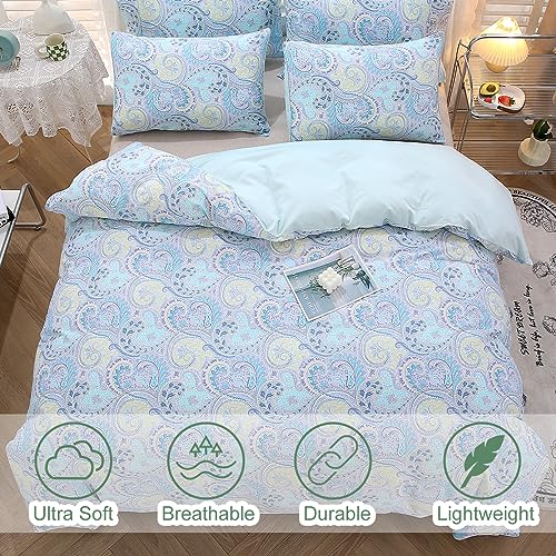 URBONUR Blue Paisley Duvet Cover Set 800TC Egyptian Cotton Sateen Silky Bedding Set, Bohemian Bedding Twin Duvet Cover, Crisp Cooling Bed Set (3 Pieces, Blue Paisley, Twin)